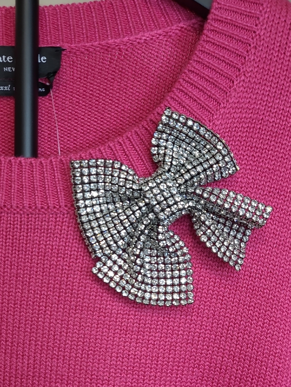 NWT Kate Spade Hot Pink Crewneck Sweater with Removable Rhinestone Bow size XXL - Picture 6 of 13